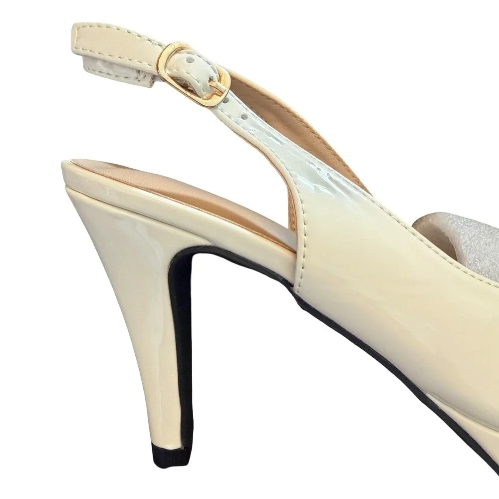 Ivory Cream Patent Slingback Peep Toe Platform Stiletto Pumps Sz 6 CN37 NEW - Picture 5 of 14